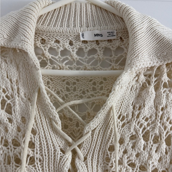 MANGO Cream Openwork Holbox Sweater Crochet Open Knit Lace Up Polo Top S - Picture 3 of 6